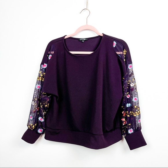 Tops - Floral Embroidered Long Sleeve Purple Top